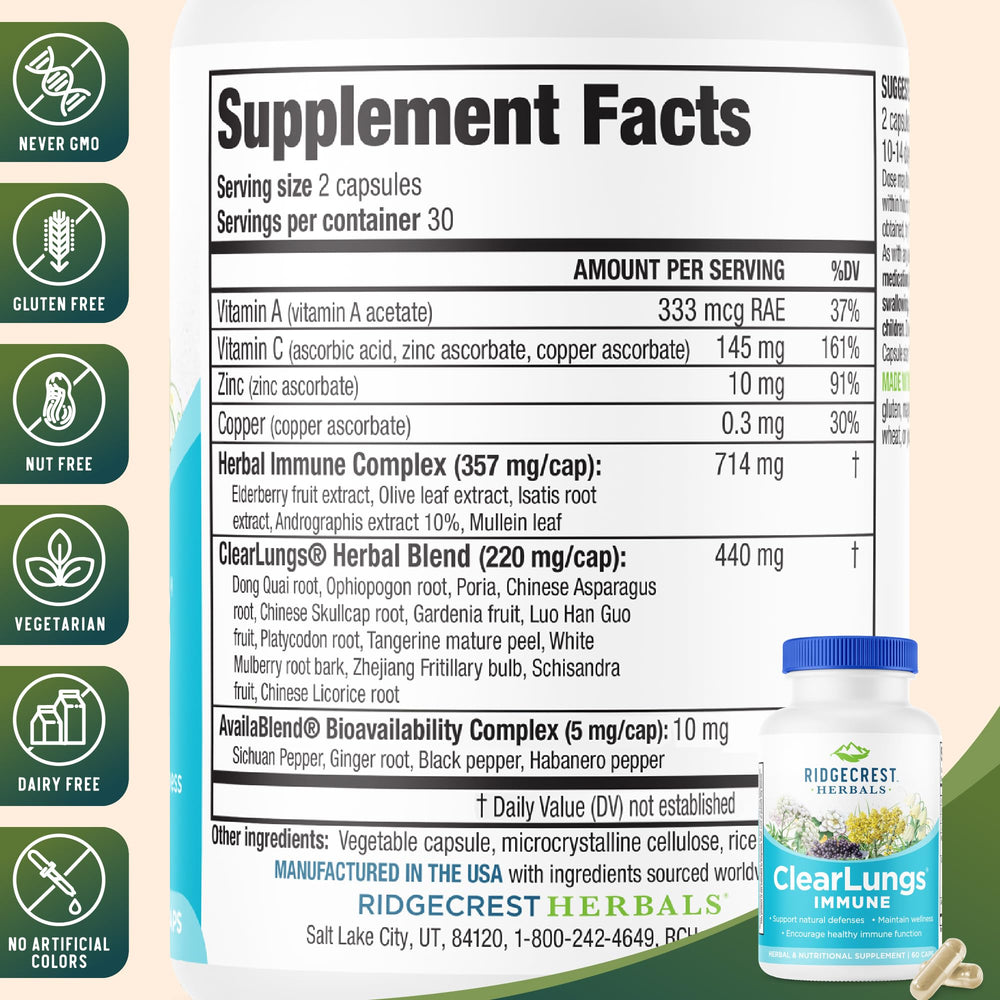 Side angle view of RidgeCrest ClearLungs Immune bottle