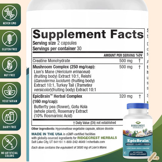 RidgeCrest EpicBrain bottle label close-up