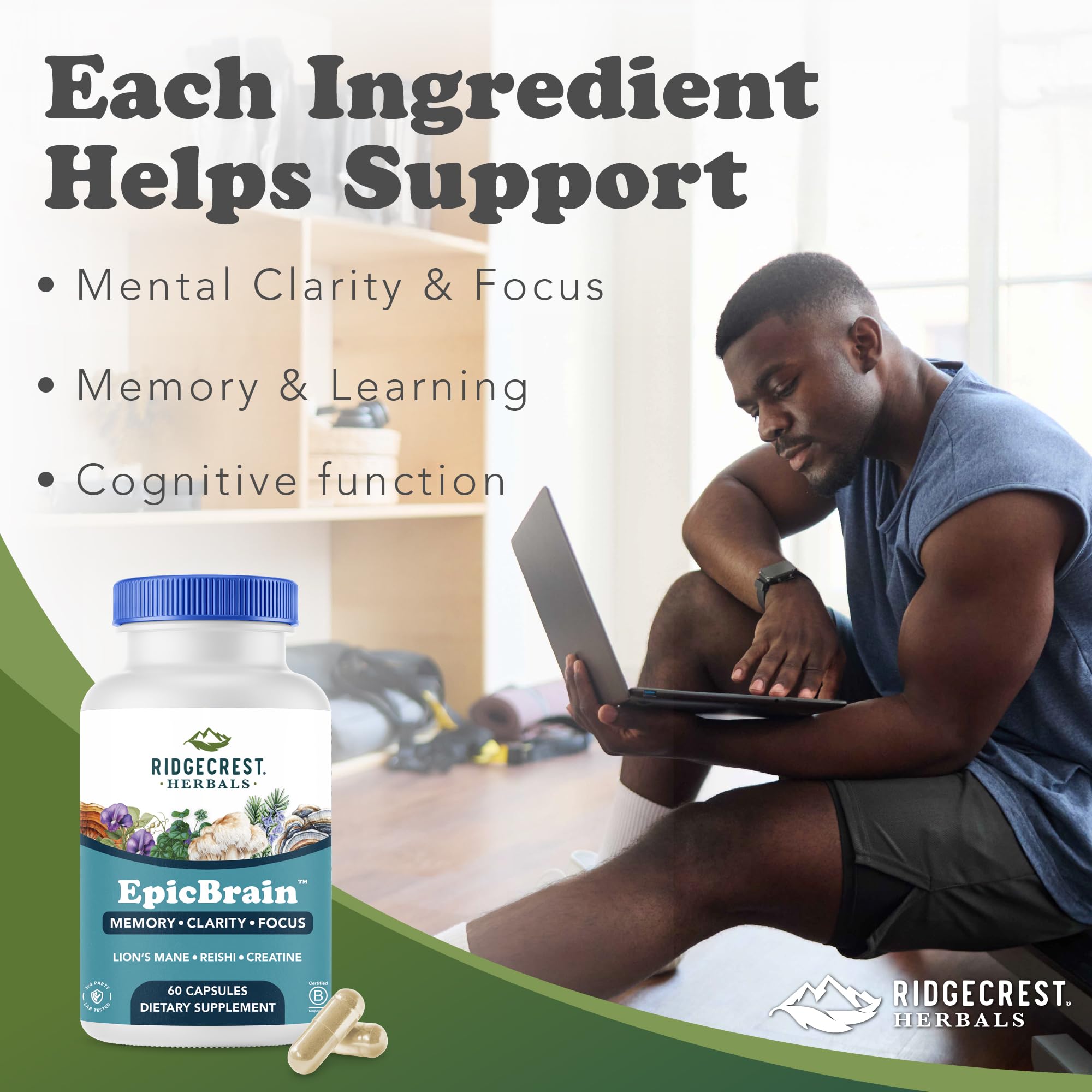 EpicBrain ingredients: Creatine Monohydrate, Lion's Mane, Reishi, and Turkey Tail