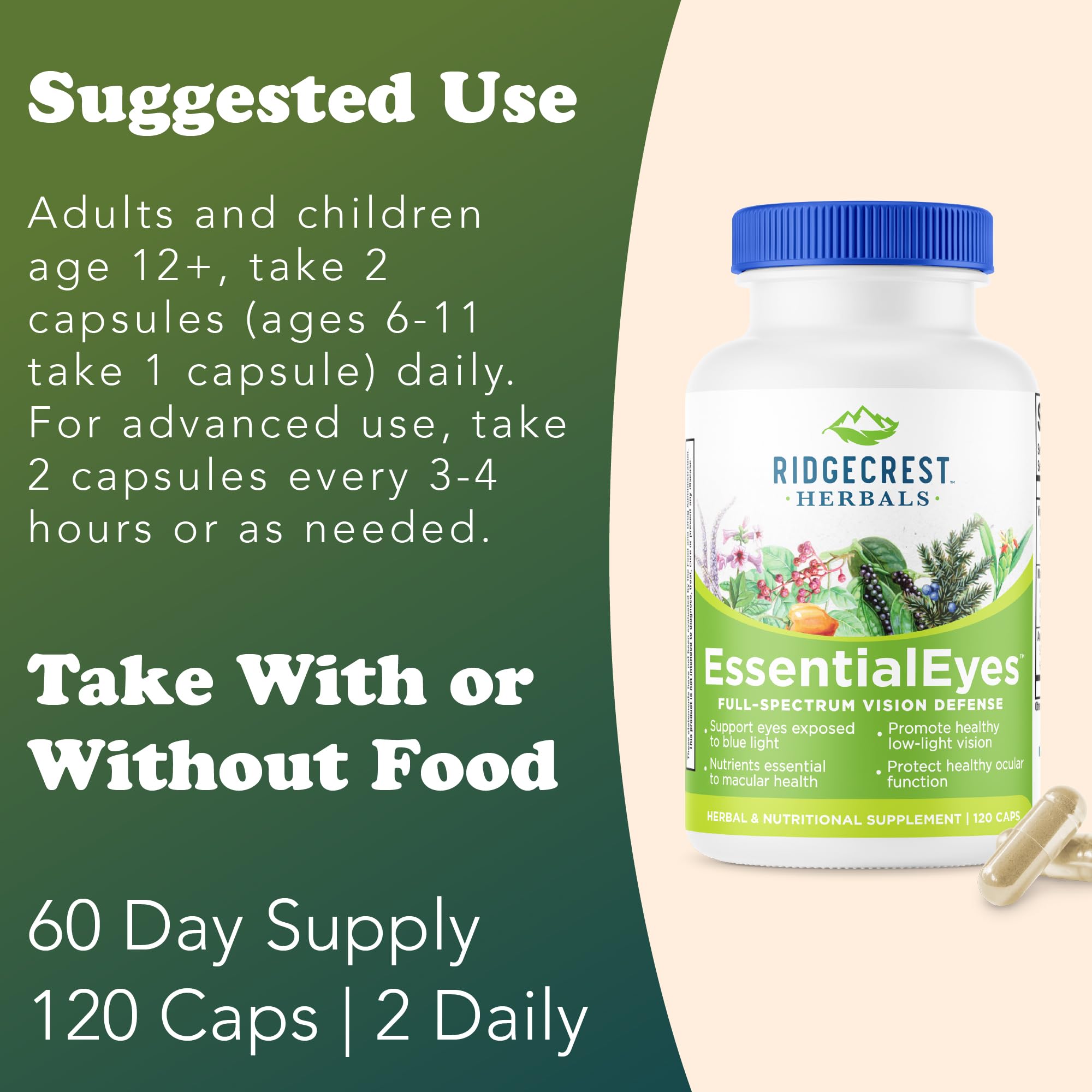Natural eye health supplement packaging and capsules