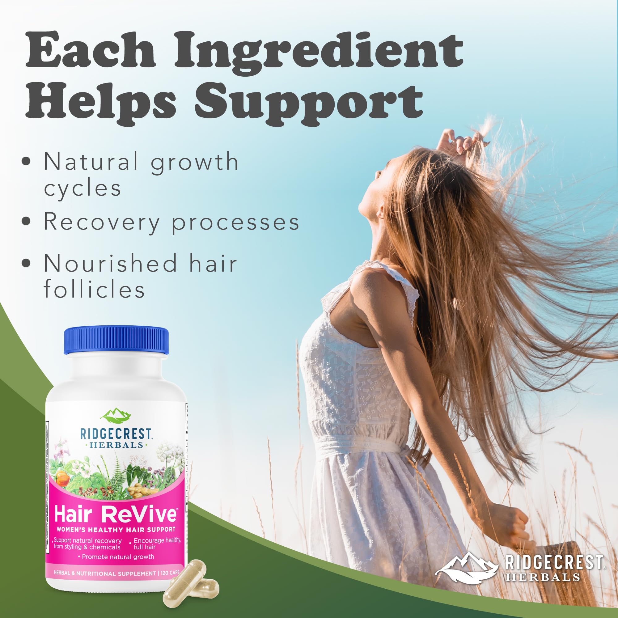 RidgeCrest Hair ReVive bottle cap close-up for easy dosing.
