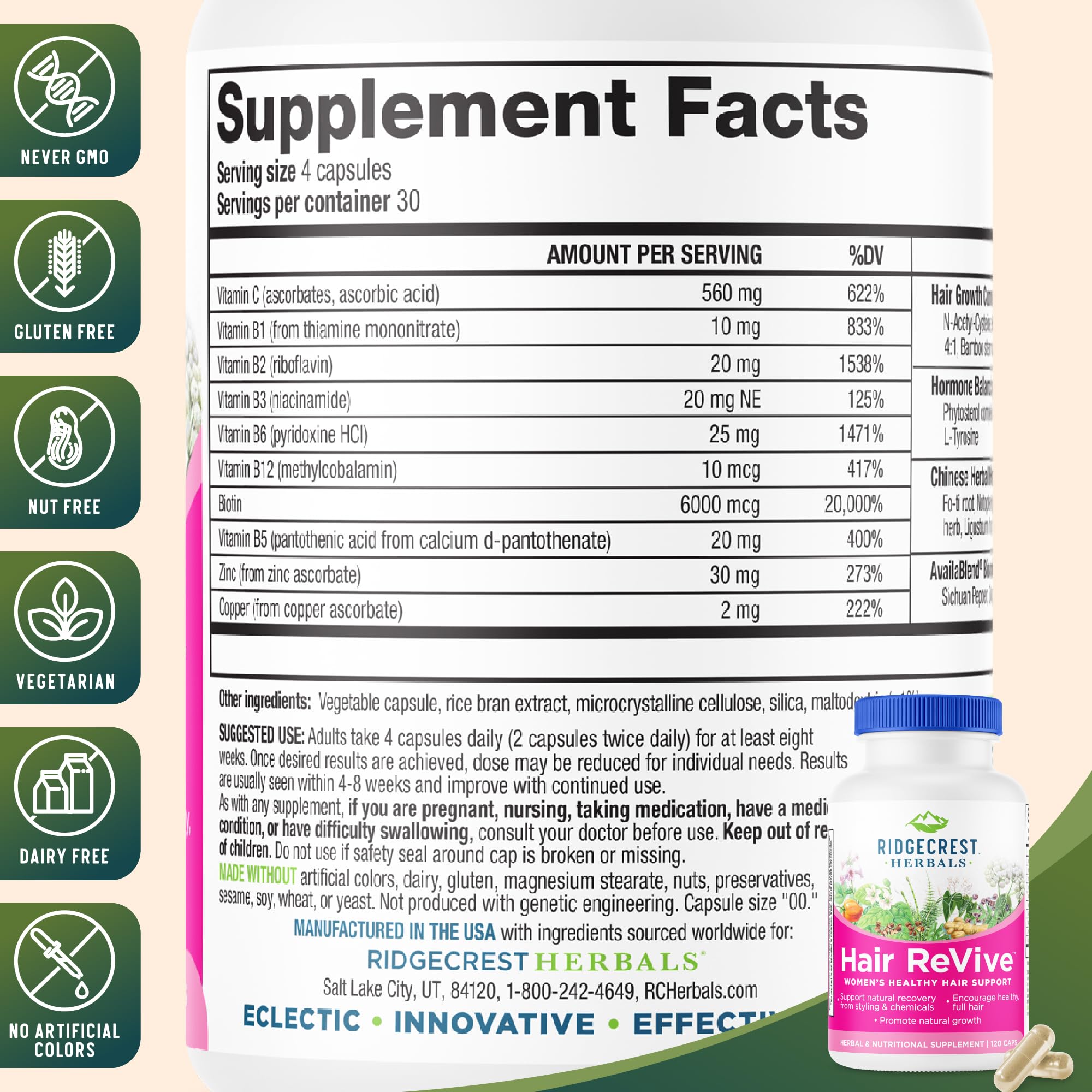 RidgeCrest Hair ReVive capsules close-up highlighting nutrient blend.