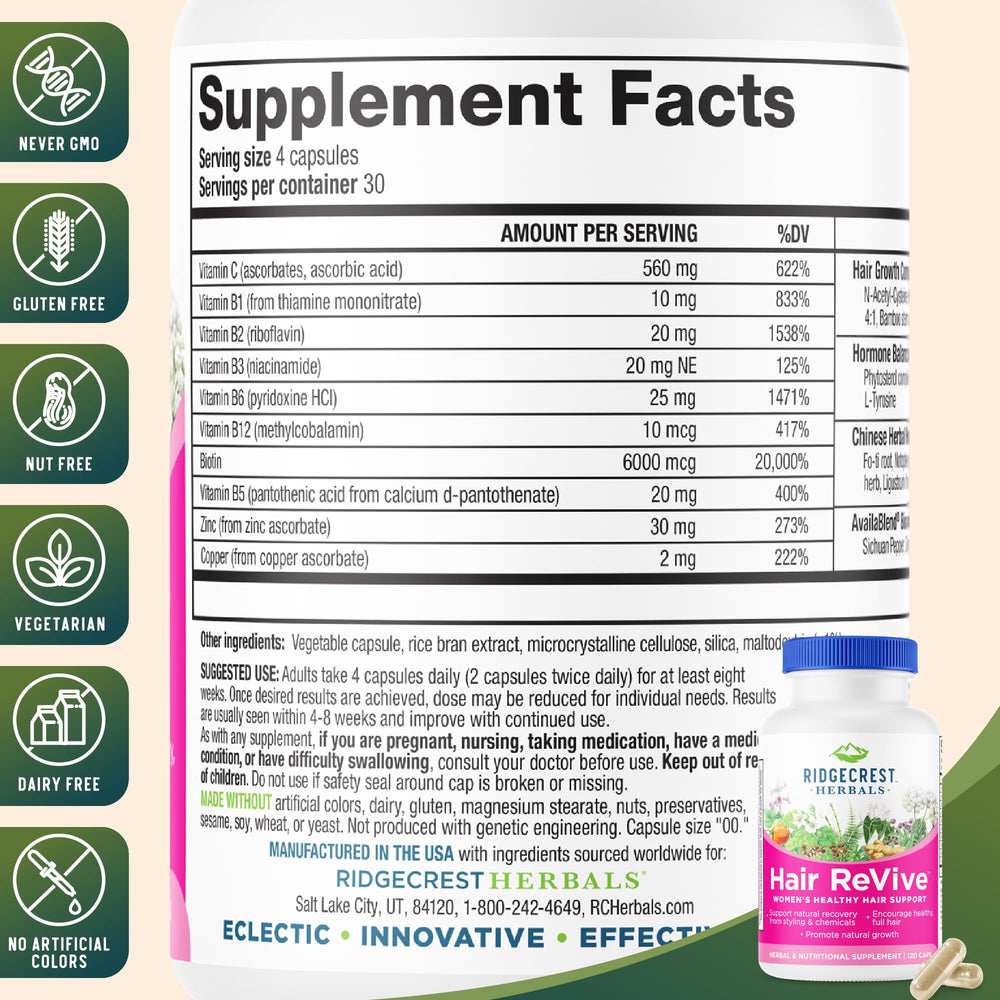 RidgeCrest Hair ReVive capsules close-up highlighting nutrient blend.