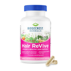 Front view of RidgeCrest Hair ReVive bottle (120 capsules)