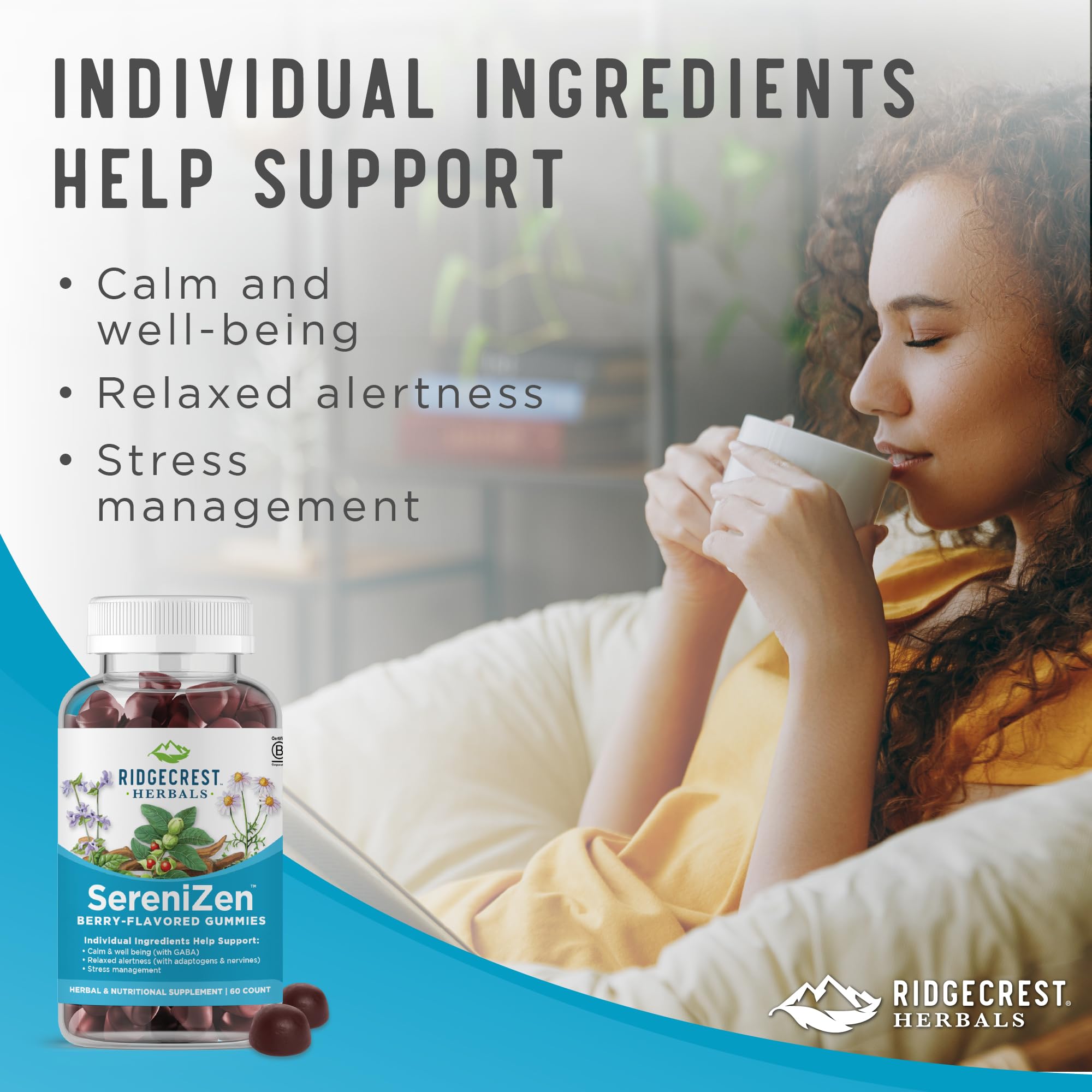 Natural ingredients: Ashwagandha, Chamomile, Lemon Balm