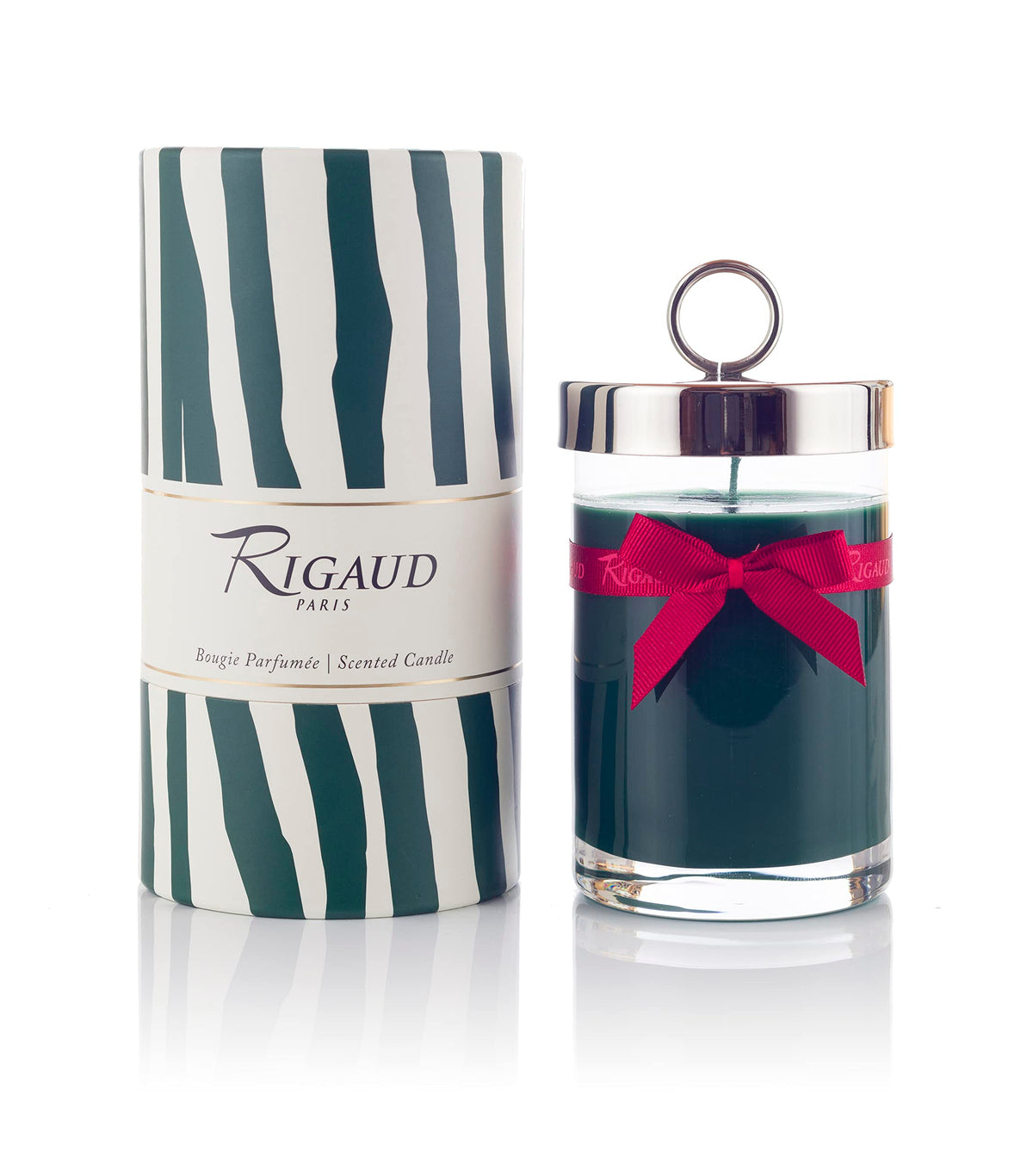 Rigaud Cypres Large Scented Candle 230g - front view in clear glass jar