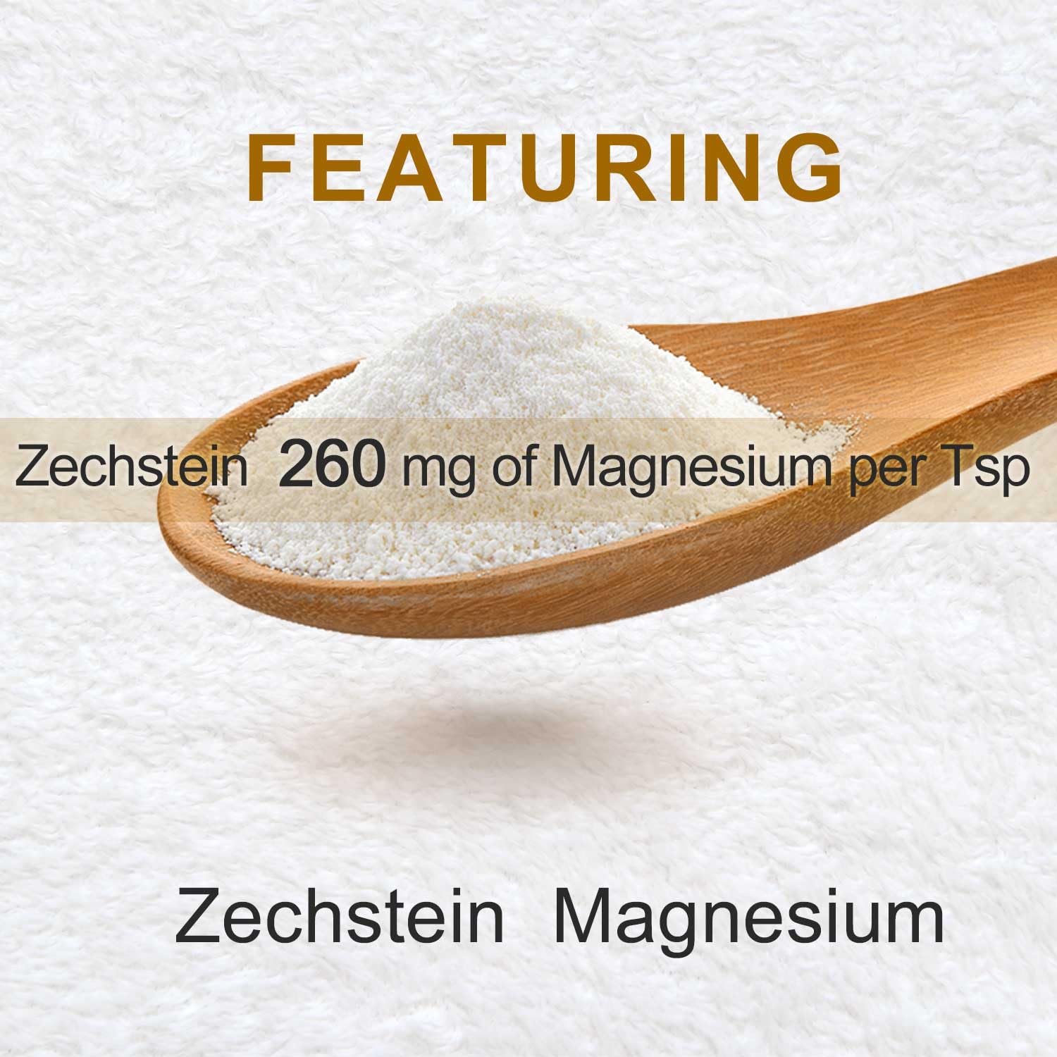 Close-up of 260mg magnesium chloride per teaspoon on label