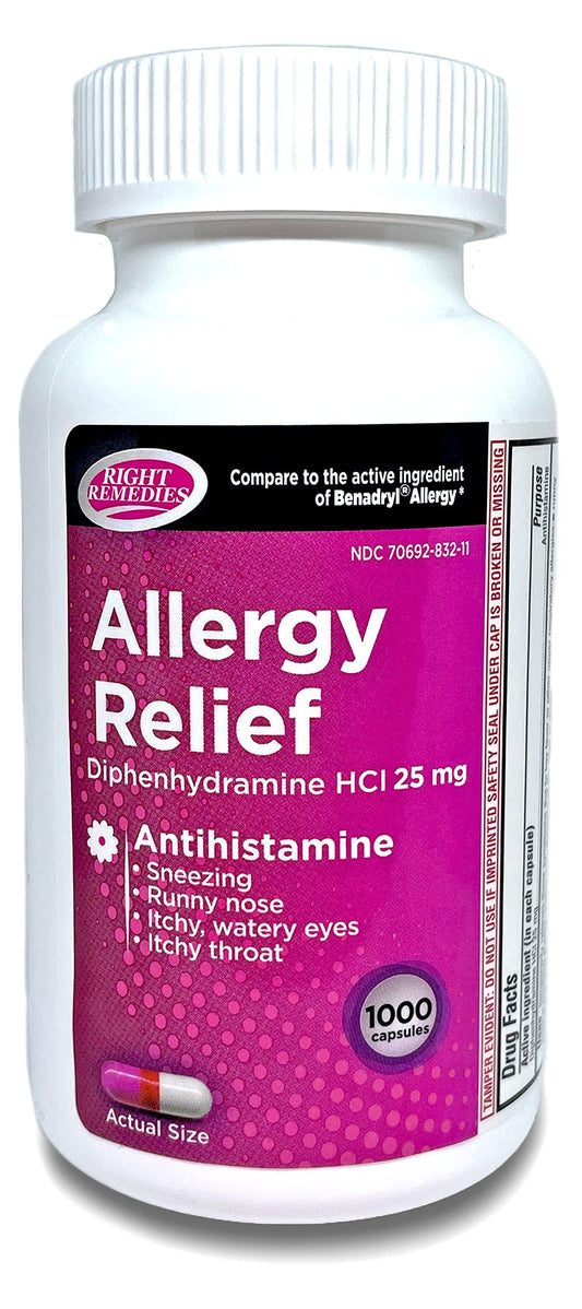 Right Remedies allergy-relief capsules in bottle for convenient daily allergy support.