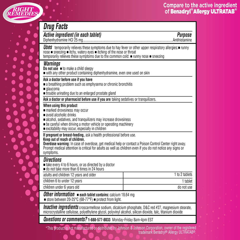 RIGHT REMEDIES diphenhydramine-25mg-tablets close-up indicating easy-to-swallow relief