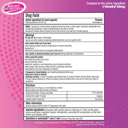 Right Remedies diphenhydramine HCl 25mg bottle highlights antihistamine relief for runny nose.