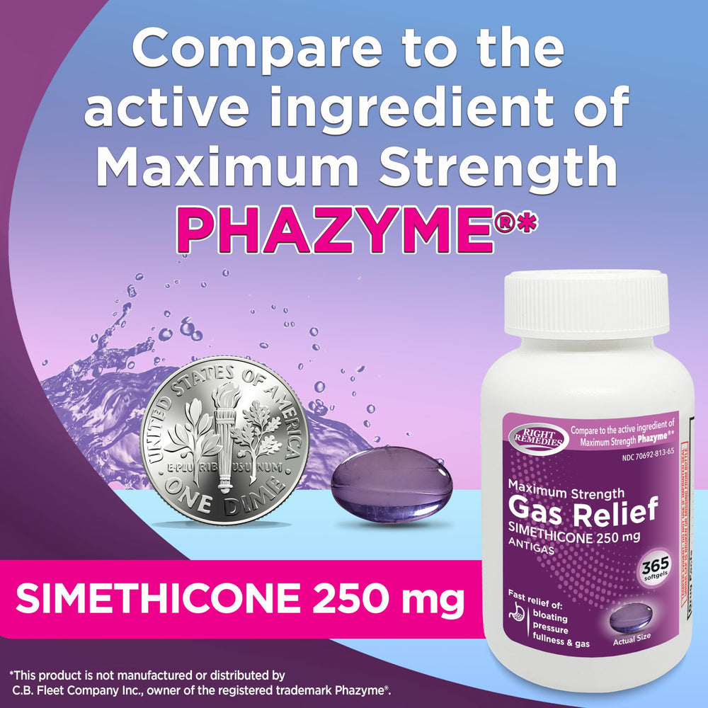 RIGHT REMEDIES Gas Relief bottle dosage view emphasizes simple dosing for relief.