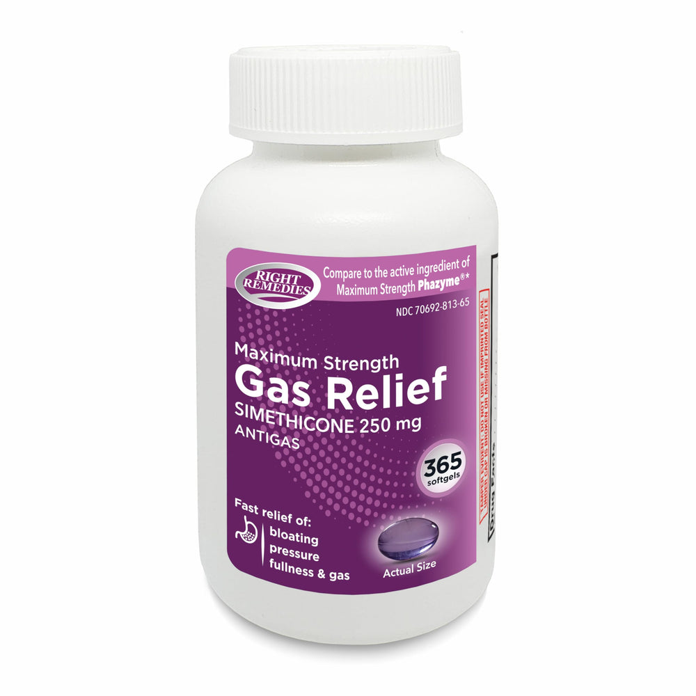 RIGHT REMEDIES Gas Relief bottle front shows quick, on-the-go gas relief options.