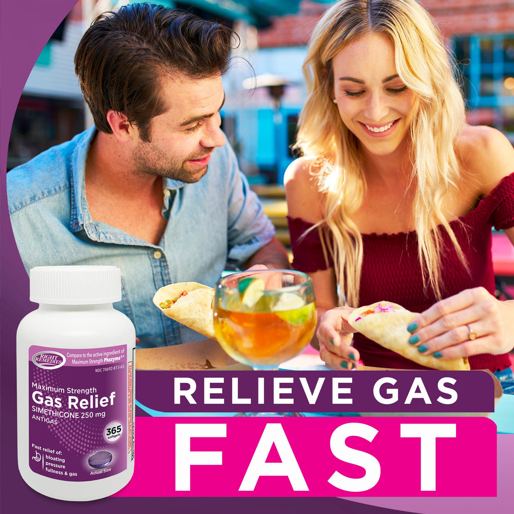 RIGHT REMEDIES Gas Relief ingredients simethicone highlight anti-foaming action.