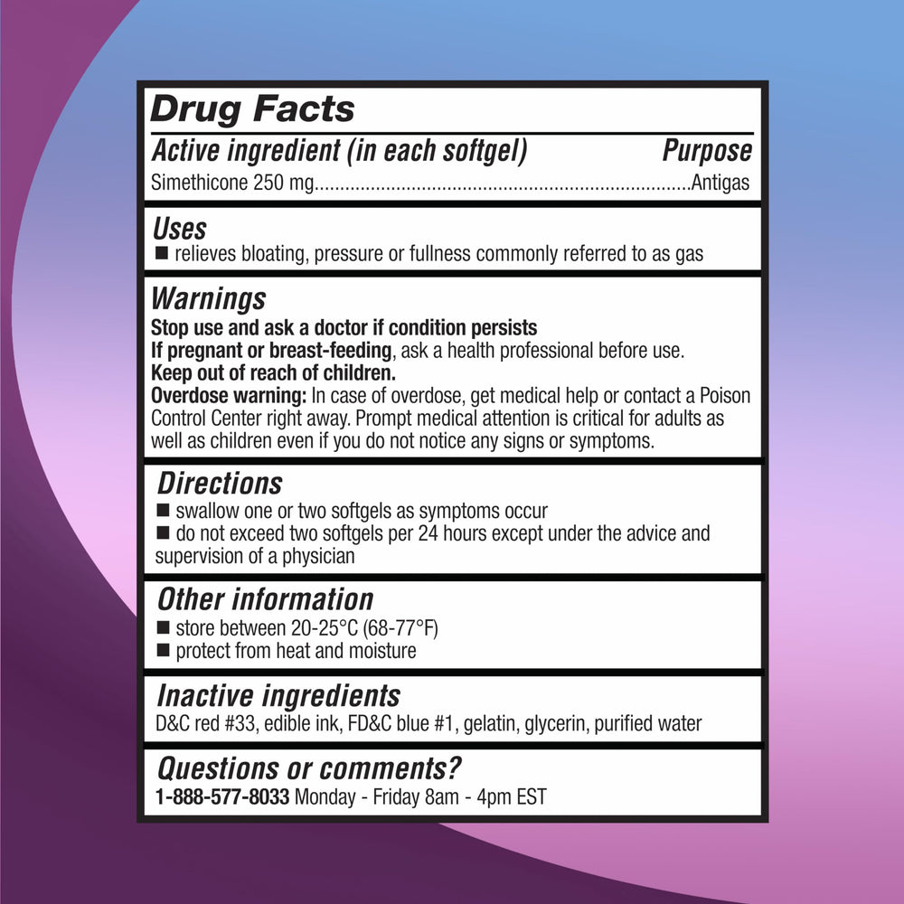 RIGHT REMEDIES Gas Relief softgels closeup highlights easy-to-swallow form.