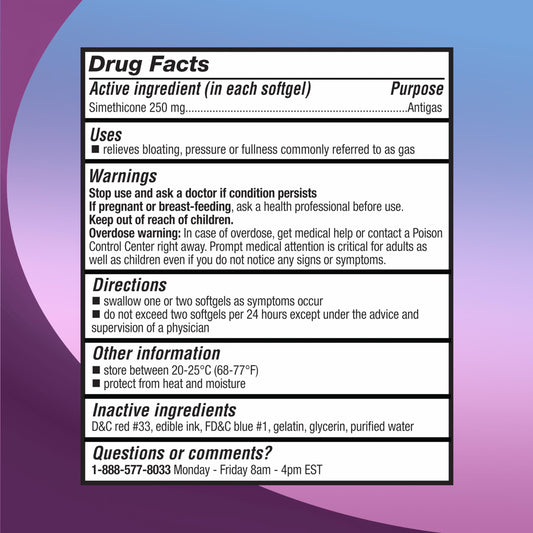 RIGHT REMEDIES Gas Relief softgels closeup highlights easy-to-swallow form.