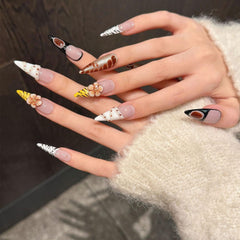 RIICFDD brown handmade nails with 5D flower art offer elegant detail for autumn looks