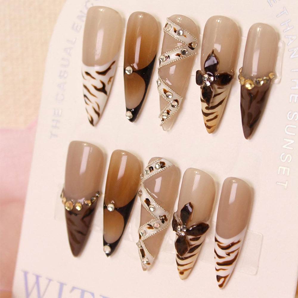 RIICFDD luxury French press-on nails in long almond shape with brown flower art for elegance.