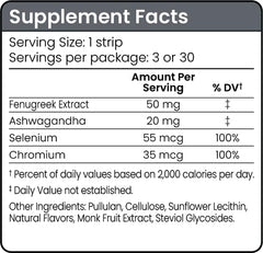 Riize Xtra Strips ingredients showing Ashwagandha and Fenugreek