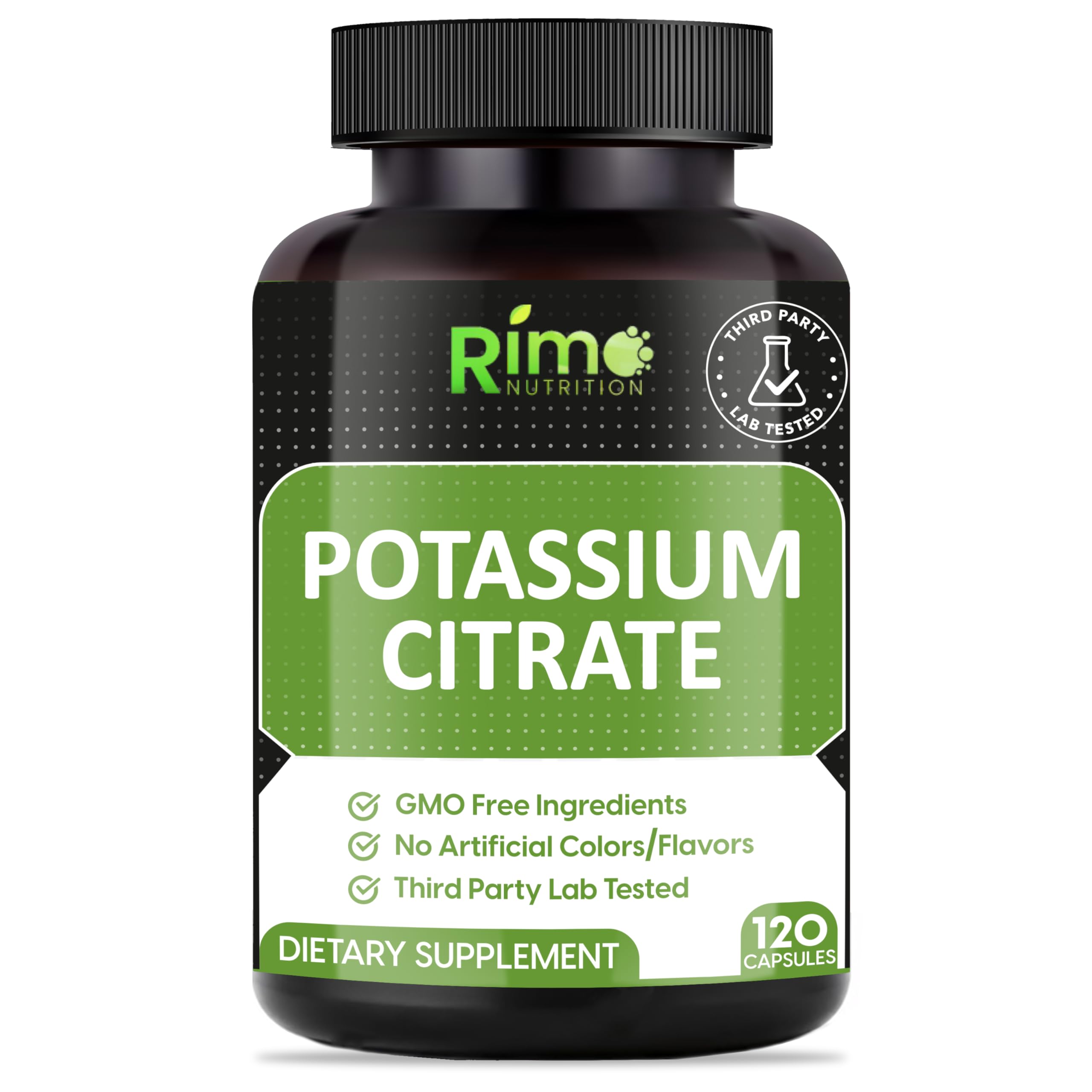 Rimo Nutrition Potassium Citrate Supplement bottle label - 120 servings