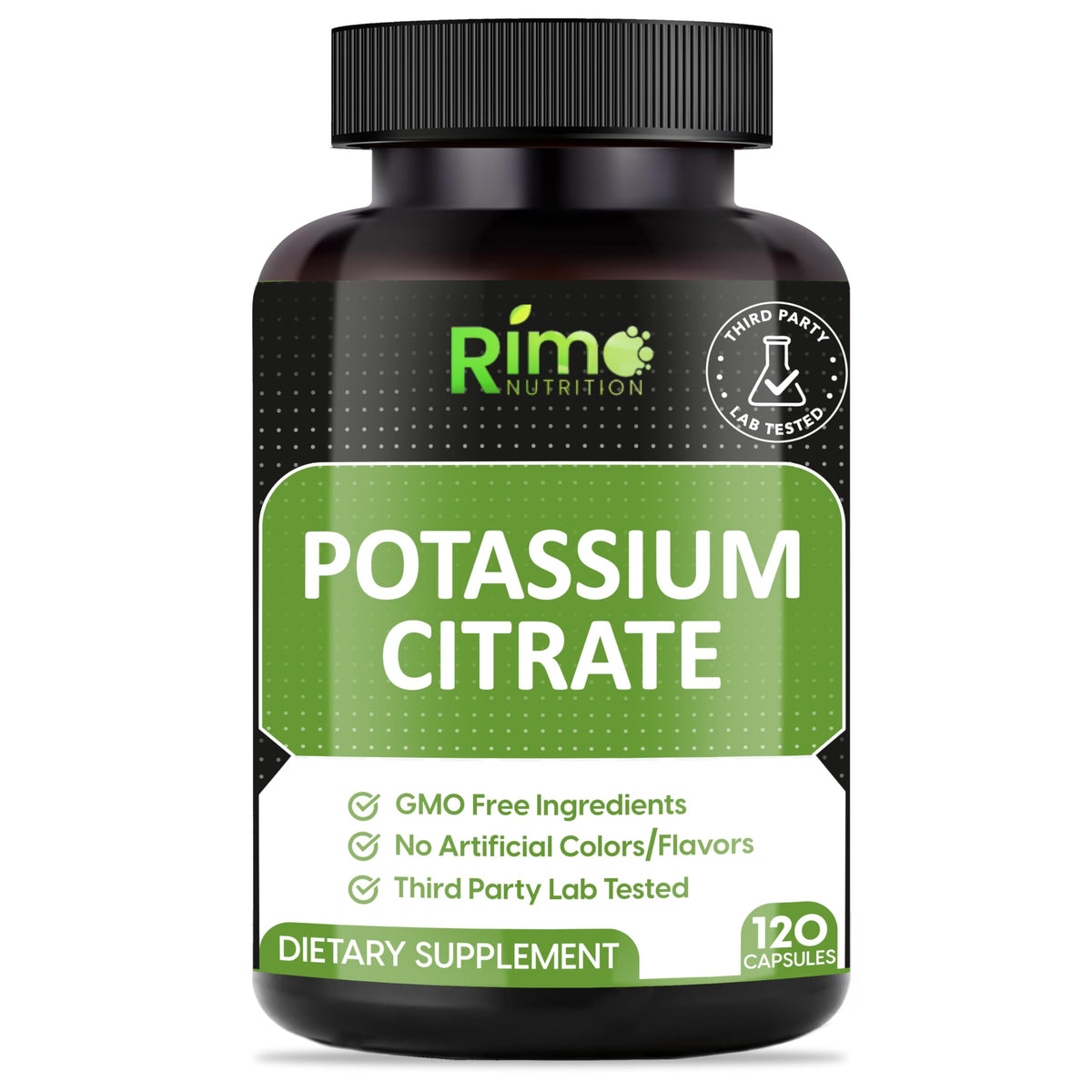 Rimo Nutrition Potassium Citrate Supplement bottle label - 120 servings