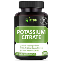 Rimo Nutrition Potassium Citrate Supplement bottle label - 120 servings