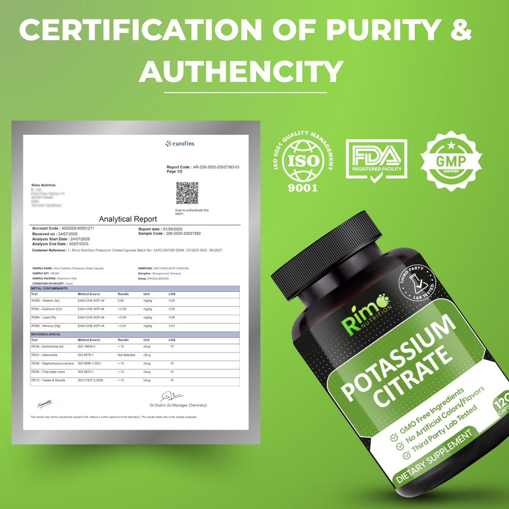 Rimo Nutrition Potassium Citrate Supplement bottle with 120 servings