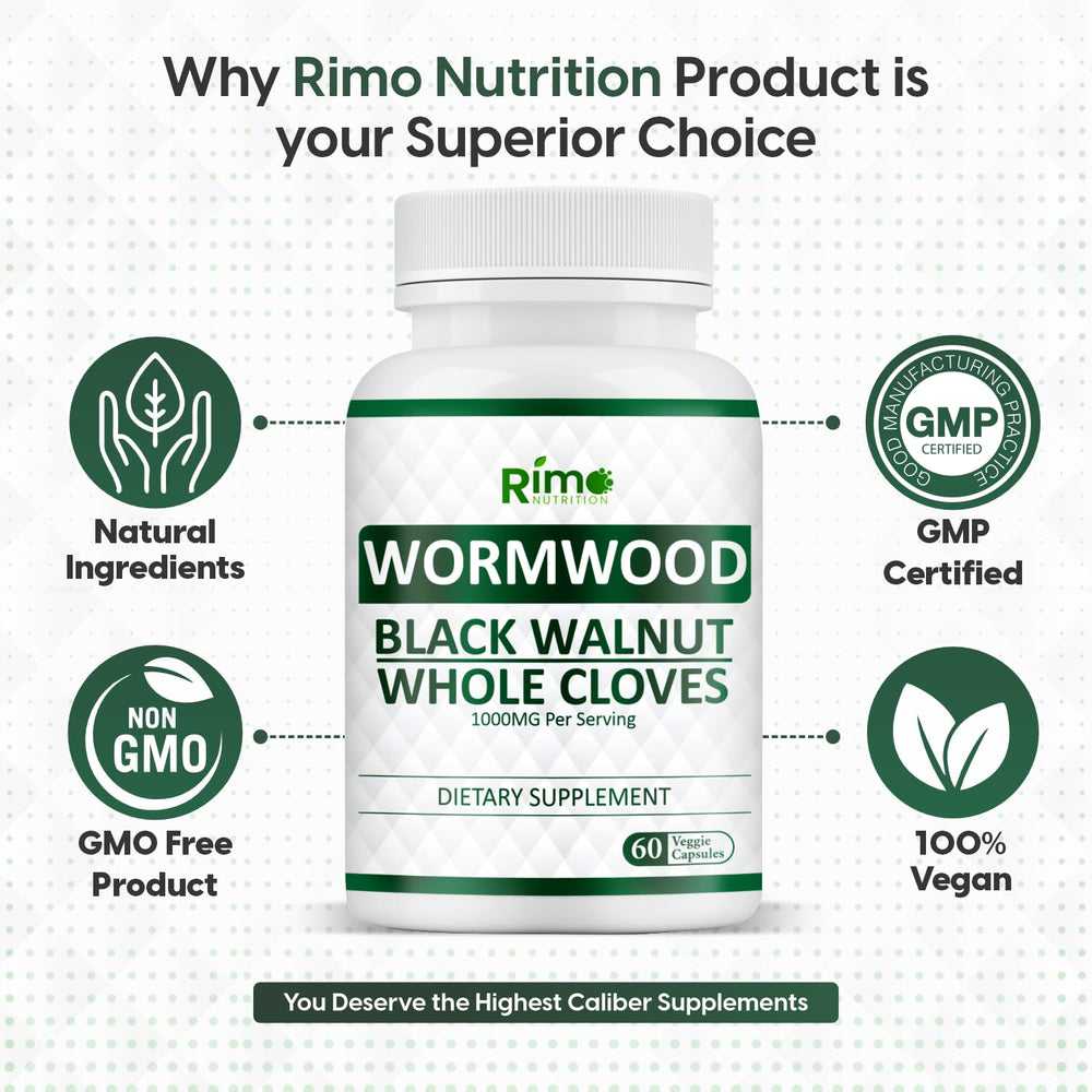 Packaging and bottle of Rimo Nutrition Wormwood, Black Walnut & Clove Capsules