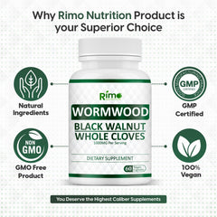 Packaging and bottle of Rimo Nutrition Wormwood, Black Walnut & Clove Capsules