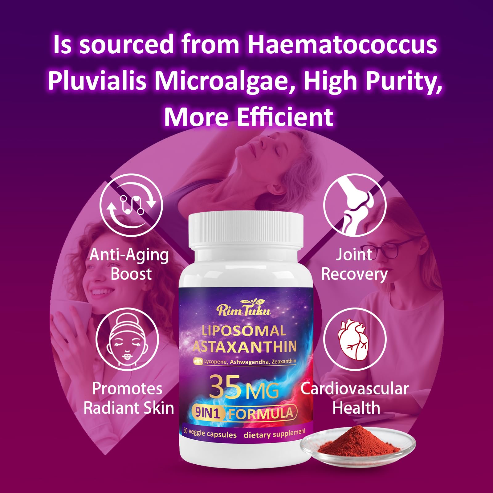 Bottle of RimTuku Liposomal Astaxanthin 180 capsules