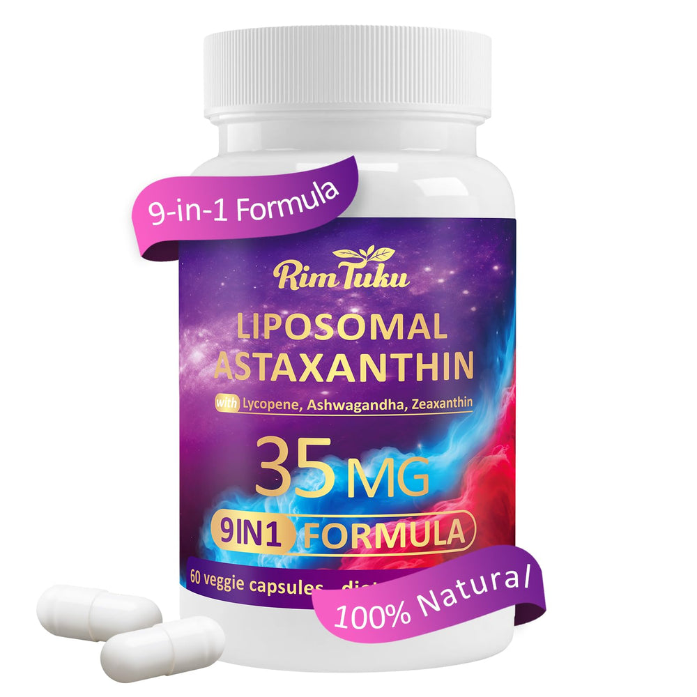 Bottle of RimTuku Liposomal Astaxanthin 9-in-1 with 60 capsules