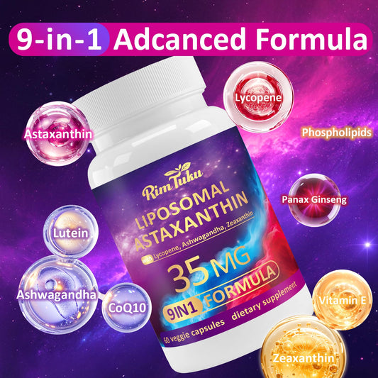 Close-up of RimTuku 9-in-1 Astaxanthin bottle and label