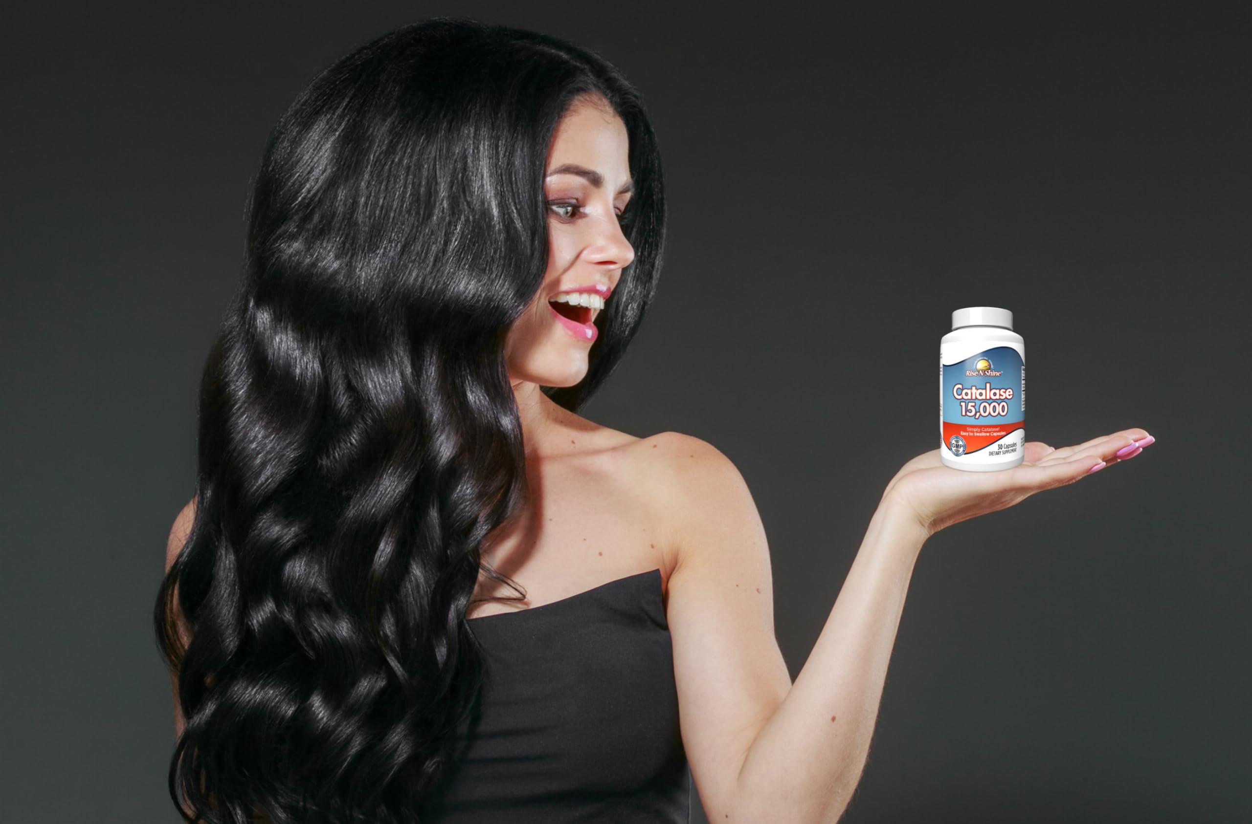 Side view of Rise-N-Shine Catalase 15,000 bottle pack