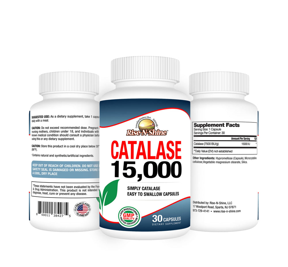 Close-up label detail of Rise-N-Shine Catalase 15,000