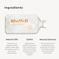 RiseWell Mouthwash ingredients highlight: xylitol, baking soda, fluoride-free, SLS-free