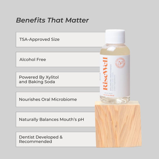 Close-up of RiseWell Balancing Travel Mouthwash label showing pH balance and SLS-free formula
