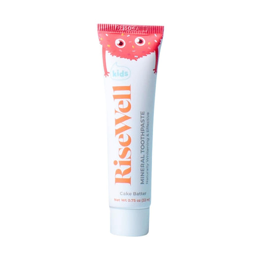 RiseWell travel-size kids toothpaste with cake batter flavor and hydroxyapatite