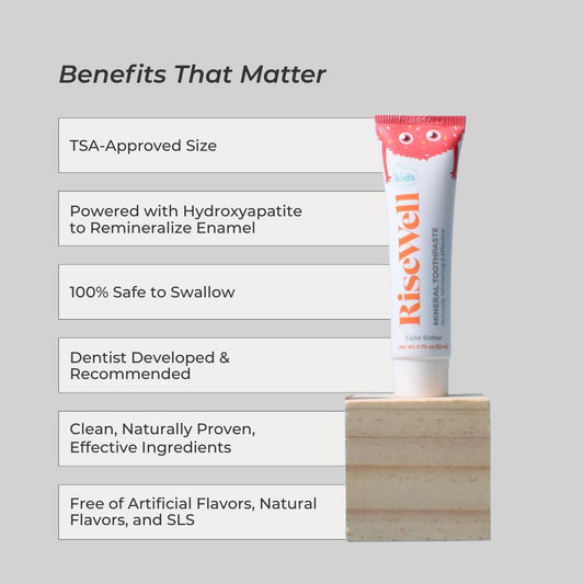 RiseWell travel toothpaste for kids with cake batter flavor in packaging