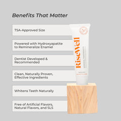 Packaging of RiseWell Travel Mineral Toothpaste in Wild Mint showing TSA-friendly size