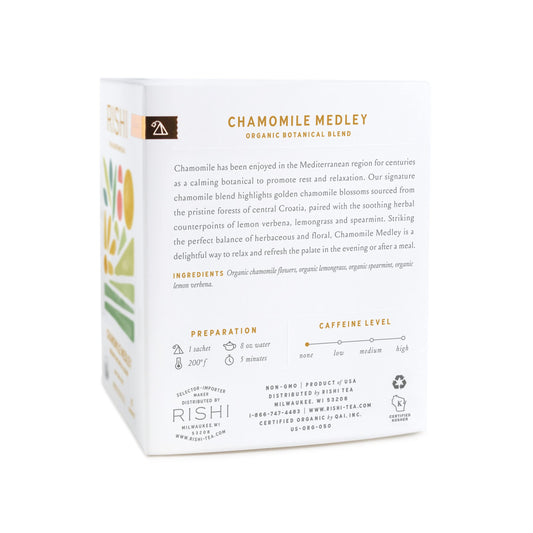 Chamomile Medley tea sachets in a box