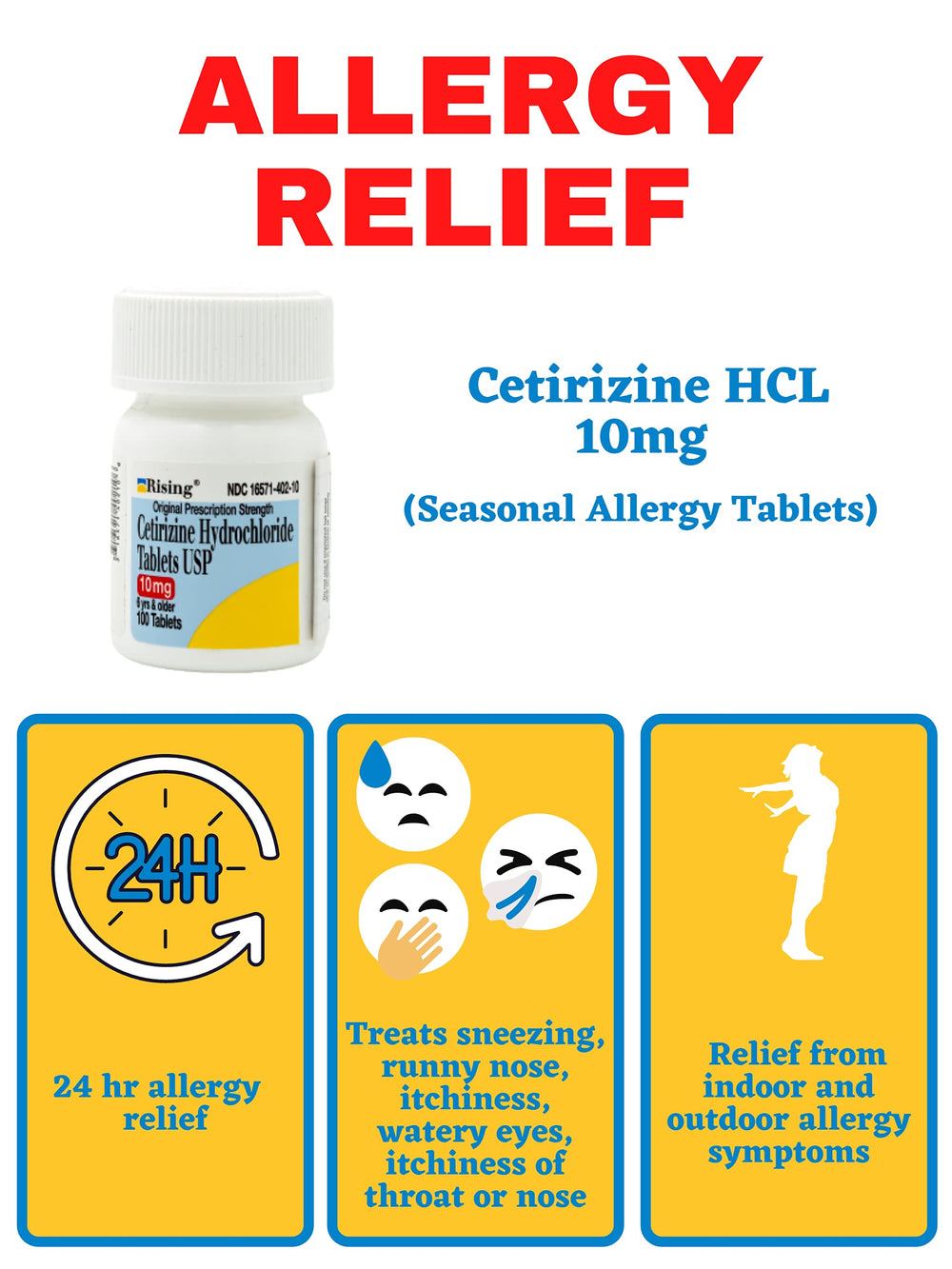 Rising Cetirizine 10mg tablets labeled age 6+ suitable for family allergy care.