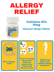 Rising Cetirizine 10mg tablets labeled age 6+ suitable for family allergy care.