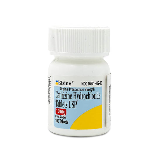 Rising Cetirizine 10mg tablets bottle for all-day allergy relief and easy daily use.