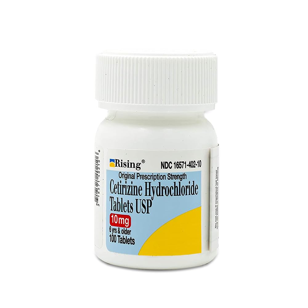 Rising Cetirizine 10mg tablets bottle for all-day allergy relief and easy daily use.