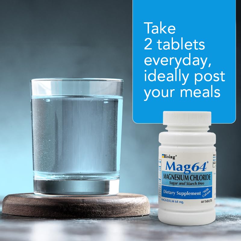 Graphic illustration of ingredients in Mag64 magnesium chloride with calcium tablets