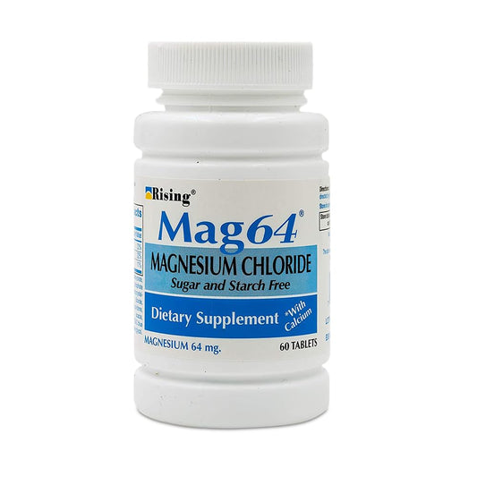 Rising Pharma Mag64 magnesium chloride with calcium tablets bottle on white background