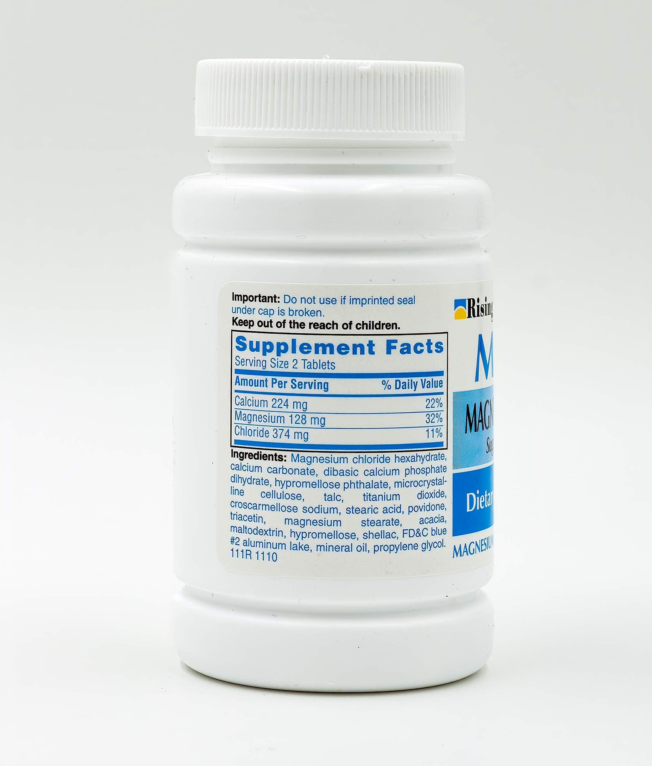 Packaging and bottle of Mag64 magnesium chloride calcium tablets