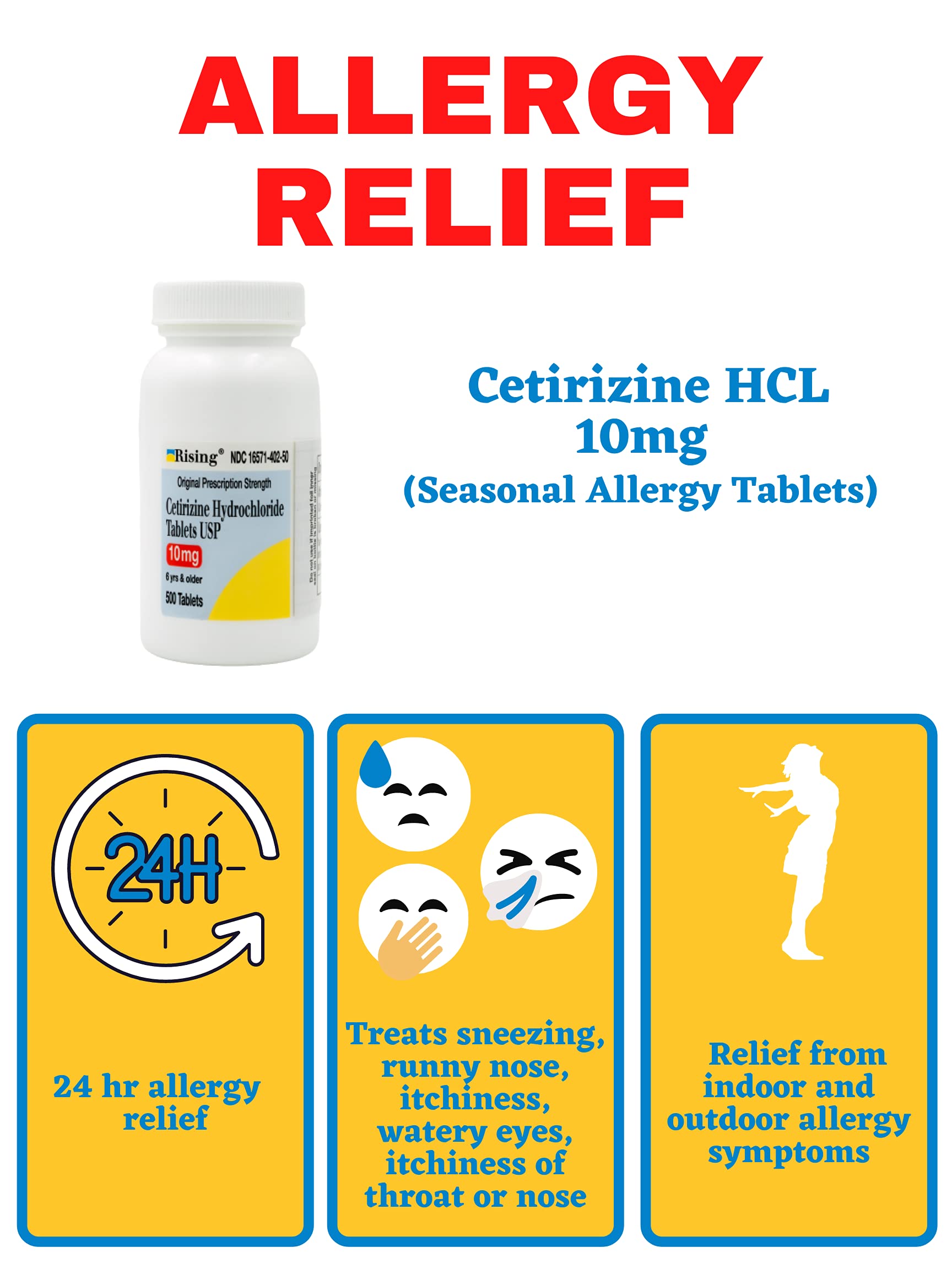 Rising Pharma 24-hour allergy relief with cetirizine HCL 10 mg.