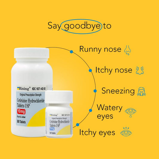 Rising Pharma Cetirizine HCL bottle with 500 tablets, convenient daily dosing.