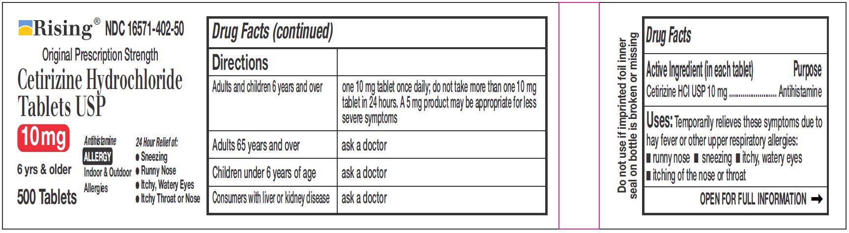 Rising Pharma cetirizine tablets suitable for adults and children over 6.