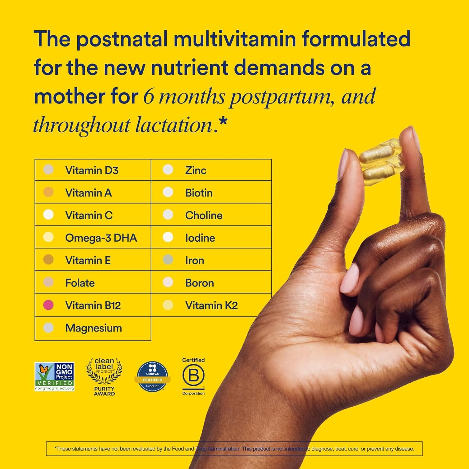Close-up of Ritual Essential Postnatal Multivitamin capsules with delayed-release design